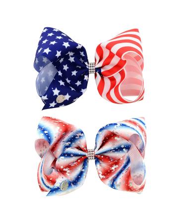2 Pcs Large JOJO American Flag Hair Bow InDependence Day Bow Ribbon Hair Clips  8 Inch Handmade Grosgrain Ribbon Alligator Clip Hair Accessories for Gift 1