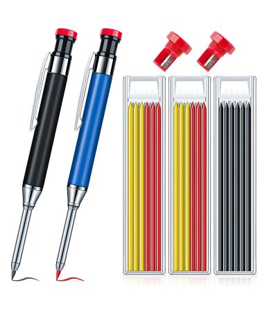 Yzzaoo deep hole marker pencil set 2 pieces of carpenter pencils with 18 deep hole marker mines carpenter pencil for borehole markers on wood metal concrete tiles (black + blue)