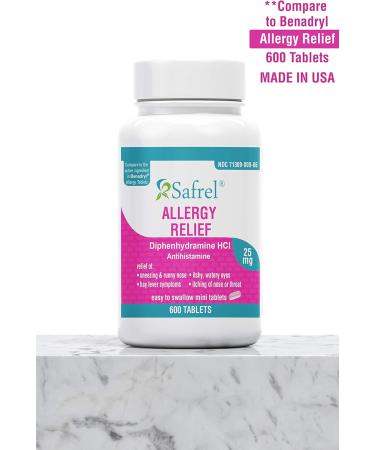 Safrel Allergy Relief Medicine - Diphenhydramine HCl 25mg | Compare to Benadryl | 600 Minitabs for Seasonal & Indoor/Outdoor Allergies - Buy Online on GoSupps.com