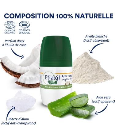 ETIAXIL - Plant-Based Antiperspirant Deodorant - Moderate Perspiration - Certified Organic - Armpits - 48h - Coconut Scent - Roll On - 50 ml - Pack of 2 - Buy Online on GoSupps.com