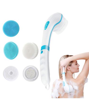KLT Electric Shower Brush USB Chargeing Electric Long Handle Rotating Bath & Body Brushes  5 Replaceable Brush Heads  IPX7 Waterproof  Exfoliating Kit  Body Facial Cleaning Massage-English Manual