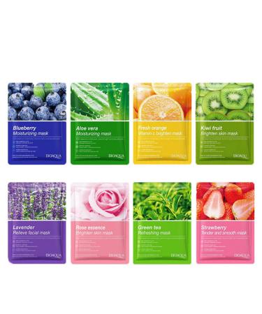BIOAQUA Fruit Flower Extract Vitamin C Facial Mask Plant Essence Moisturizing Fiber Membrane Cloth Deep Moisturizing Face Skincare 25g x 8pcs