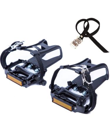 NEWSTY Bike Pedals with Clips and Straps for Outdoor Cycling and Indoor Stationary Bike 9/16-Inch Spindle Resin/Alloy Bicycle Pedals Black