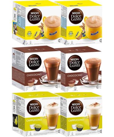 Nescafé Dolce Gusto Capsules • Professional Quality Multi-Drink Family Pack (Chocolate • Nesquik + Chococino + Cappuccino Pack, Pack of 6 x 16 capsules)