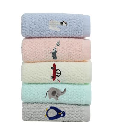 Soreca 100% Cotton Kids Facial Towels  Hand Towels and Fingertip Towels for Bathroom Towels Set Embroidered Cute Animal Pattern Children Washcloths 10inch x 20inch (Set E  10inch x 20inch)