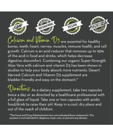 Desert Harvest Calcium Carbonate 250mg + Vitamin D3 100 IU with Aloe Vera | 90 Capsules - Buy Online on GoSupps.com