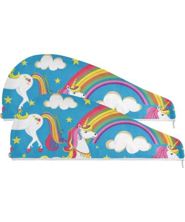 Unicorn & Rainbow Blue Hair Towel 2 Pack - Super Absorbent Quick Dry Hair Turbans for Women & Girls - Buy Online on GoSupps.com