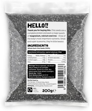 Gorilla Food Co. Whole Dark (Black) Chia Seeds - 200g - Raw Non-GMO - Buy Online on GoSupps.com
