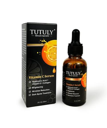 TUTULY Vitamin C Serum with Hyaluronic Acid Alpha-Arbutin Vitamin E Hydrolyzed collagen - Brighten Antioxidtant Anti-aging and Fade Dark Spots for Glowing Skin 30ml