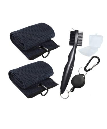 TAO CICADA Golf Towels, Golf Towel and Brush Set, with Carabiner Clip Golf Towel and with Retractable Zip-line Golf Club Brush (Black)