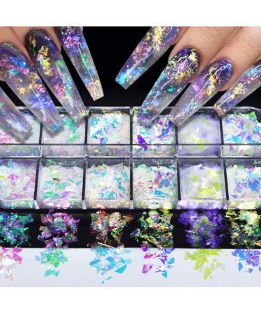 12 Boxes Nail Art Glitter Sequins Irregular Fragments Cellophane Illusion Fragments Polarized Powder Nail Glitter Holographic Design DIY Decoration Accessories