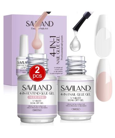 Saviland 2 PCS 15ML Nail Glue Gel Set - 4-in-1 Clear & Nudes Pink Nail Glue Gel for Press on Nails  Acrylic Nails  U V Gels  Nail Tip  Foundation  Slip Solution  Manicure Starter Set Nail Salon Home