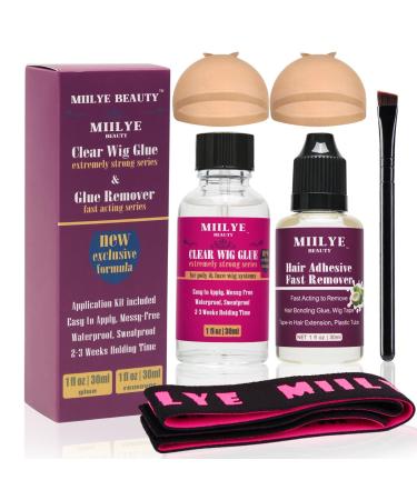 Clear Wig Bond Glue 1oz/30ml with Wig Band Wig Caps |Swimming Allowed| Waterproof Wig Glue for Front Lace Wig Extremely Strong Hold Lace Glue for Wigs Wig Install Kits (1oz Wig Glue+1oz Remover)