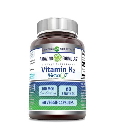 Amazing Formulas Vitamin K2 Menaq7 MK7 Supplement | 100 Mcg | Veggie Capsules | Non-GMO | Gluten Free | Made in USA (1 Pack 60 Count) 60 Count 1 Count (Pack of 1)