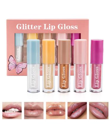 HOSAILY 5 Colors Glitter Liquid Lipstick Set Metallic Diamond Shimmer Lip Gloss Waterproof and Long Lasting Sparkling Glitter Lipstick Glossy Lip Plumping Lip Oil Shinning Lip Gloss Set 1 Ounce (Pack of 1)