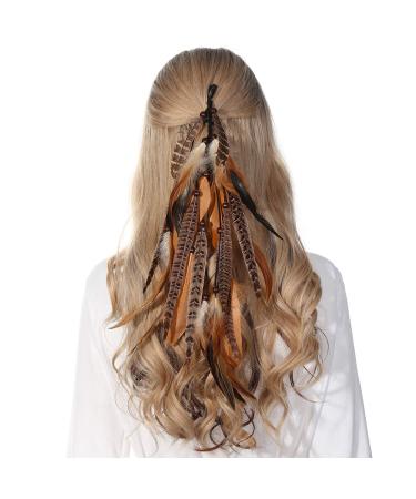 Hippie Feather Hair Extension Hair Clip Bohemian Feather Headband Hair Ties for Women Festival Headdress Feather Headwear (Brown + pheasant feather)
