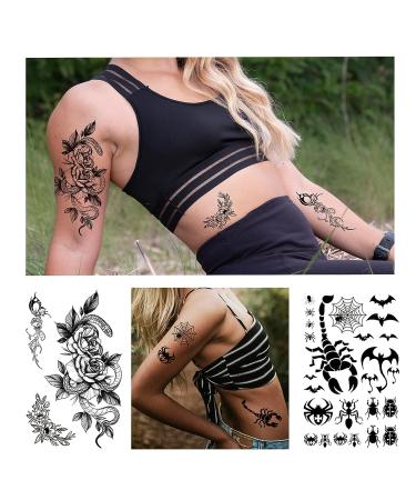 Bnukeye Lady Girl Big Flower Temporary Tattoo Set - 20 Waterproof Arm & Shoulder Fake Tattoos - Black, Durable Christmas Gift - Buy Online on GoSupps.com