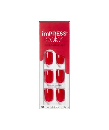 KISS imPRESS Color Polish-Free Solid Color Press-On Nails  PureFit Technology  Short Length  'Reddy or Not'  Includes Prep Pad  Mini Nail File  Cuticle Stick and 30 Fake Nails