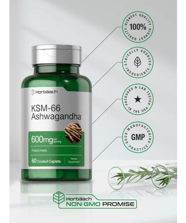 Horbaach KSM-66 Ashwagandha 600mg with L-Theanine - Vegan Non-GMO Gluten Free | 60 Coated Caplets - Best Complex Supplement for Stress & Wellness - Buy Online on GoSupps.com
