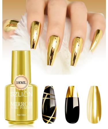 Gold Metallic Gel Glue Polish 18ml Metal Mirror Chrome Gel Polish Holographic Gold Reflective Long Lasting Shine Effect Nail Lacquer Soak Off Bright Glod Color Nail Art Home DIY Manicure for Women-01