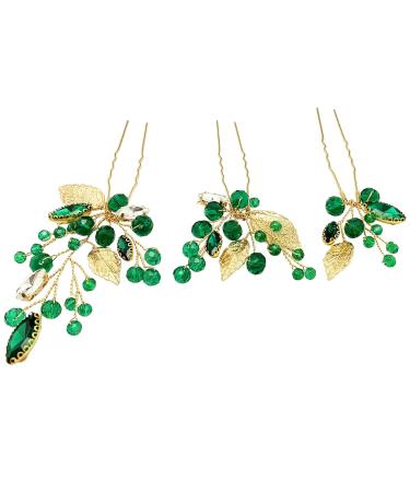 Emerald Green Rhinestone Gold Leaf Wedding Hair Pins - Pack of 3 | Bridal Hair Accessories for Women Girls - Buy Online on GoSupps.com