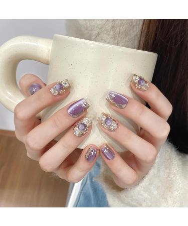 Purple Handmade Nail Patches Satin Cat's Eye Nails Art Nail Patches Detachable Manicure Patches Fake Nails(XS) - Buy Online on GoSupps.com