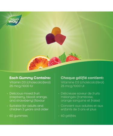 Nature's Way Vitamin D Gummies - Immune and Bone Support - 1000 IU Vitamin D3 per gummy - Strawberry Peach and Mango Flavoured Gummies - 60 Gummies - Buy Online on GoSupps.com