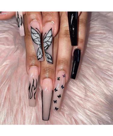 Justotry 24 pieces Coffin nails for sticky with butterfly black French press on nails ballerina artificial nails beautiful fingernails finger nails medium for women black & butterfly1