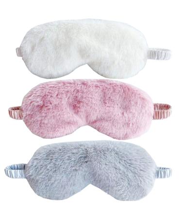 HappyDaily Beautiful and Comfortable Sleep Masks - Set of 3 (Plush - White/Pink/Grey)