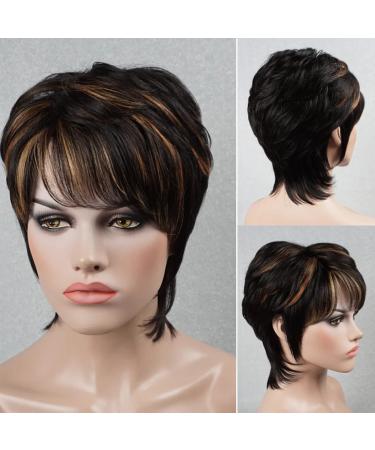 PurpleSexy Pixie Cut Wig for Black Women Human Hair 1B/30/27 Color Short Human Hair Wig Full Machine Made Layered Wigs with Bangs Brazilian Human Hair Short Colored Pixie Wigs for Women(1B/27/30)