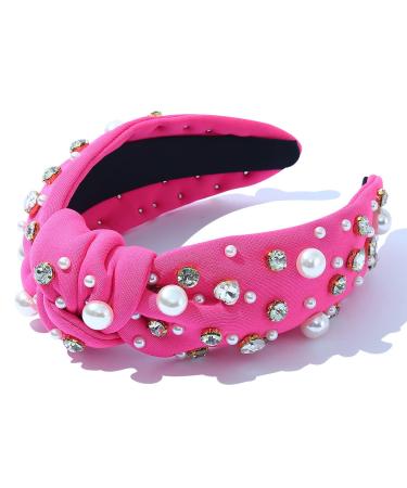 FEDANS Women Knotted Jeweled Headband Heart Shaped Crystal Embellished Mixed Top Hairband ladies Twist Nylon Pearl Hair accessories for Girls Valentine hot pink