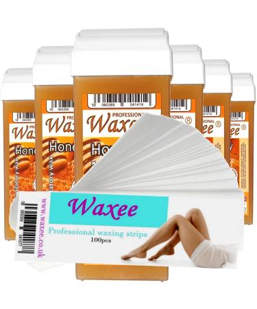 6x 100ml roll on wax roller wax cartridge Honey + 100 strips Body & Leg waxing from UK Brand- Waxee
