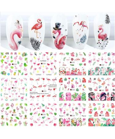Summer Nail Art Stickers Decals Flamingo Nail Decoration Water Transfer Green Leaf Pink Red Flower Flamingo Elegant Design Leisure Summer Day Nail Supplies DIY for Women Girls 12 Sheets