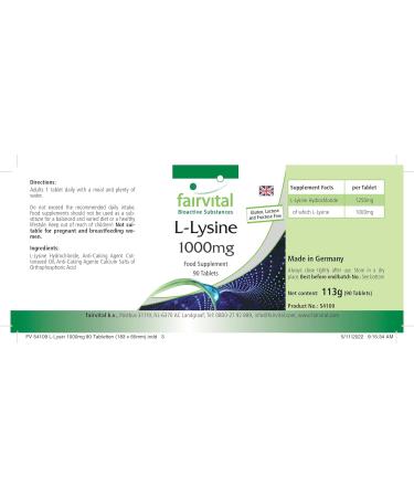 Fairvital L-Lysine 1000mg - High Dose 1250mg L-Lysine HCL | 90 Tablets for Immune Support & Health | International Shipping Available - Buy Online on GoSupps.com