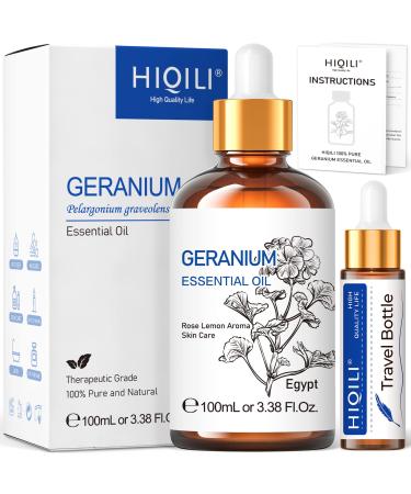HIQILI Geranium Essential Oil 100% Pure & Natural for Aromatherapy Diffuser Spray Skin Hair Body Wash Soap & Candle Making - 3.38 Fl Oz Geranium 100.00 ml (Pack of 1)