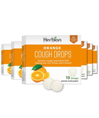 Herbion Naturals Cough Drops with Natural Orange Flavor Dietary Supplement Soothes Cough for Adults and Children Over 6 Years 18 Drops - Pack of 6 (108 Lozenges)