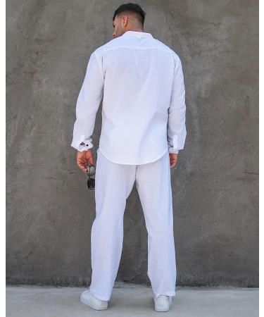 RPOVIG Linen Men's 2-Piece Henley Shirt & Loose Yoga Pants Set - White - Buy Online on GoSupps.com