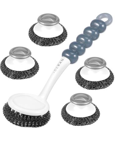 Portesh Stainless Steel Scrubber Multifunctional Steel Scouring Pads with Handle Rustproof Stainless Steel Sponges Portable Dish Scrubbers Reusable Utensil Scrubber for Home Kitchen Pot Pan(5pcs)