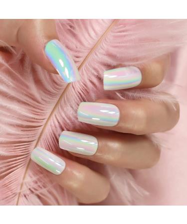 Aurora Medium Square Press-On Nails - Holographic Acrylic Full Cover Fake Nails for Weddings & Daily Wear - 24pcs Kit - Buy Online on GoSupps.com