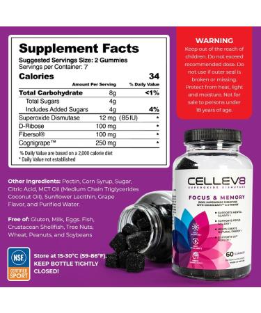 Cellev8 Focus & Memory Nootropic Gummies - Boost Cognitive Function Mental Clarity & Focus - Gluten Free Grape Flavor - 60 Count Made in USA - Buy Online on GoSupps.com