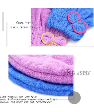 Haomye Microfiber Hair Drying Towel Set with Bow-Knot Shower Cap - Quick Dry Hair Turban for Women and Girls - 2Pcs (Blue & Purple) - Buy Online on GoSupps.com