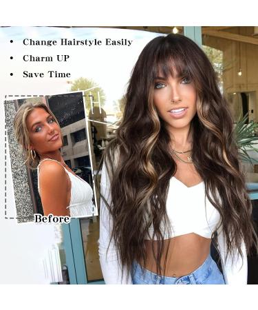 AISI QUEENS Brown Highlight Wig with Bangs - Long Wavy Synthetic Hair for Women | Curly Wavy Style for Daily & Party Wear | Brown Mixed Blonde - Buy Online on GoSupps.com