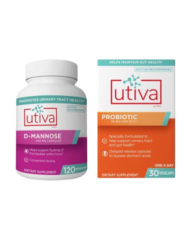 Szio+ 10% Bundle Utiva D-Mannose 500mg Capsules Supports Management of Urinary Tract Infections 120 Capsules + Utiva Probiotic for Gut and Urinary Tract Health 30 Delayed Release Vegi Capsules