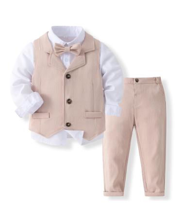 Volunboy Baby Boys Gentleman Suit Toddler Formal Waistcoat Outfit Wedding Shirts + Vest +Bow Tie 4 PCS Set 12-18 Months Linen