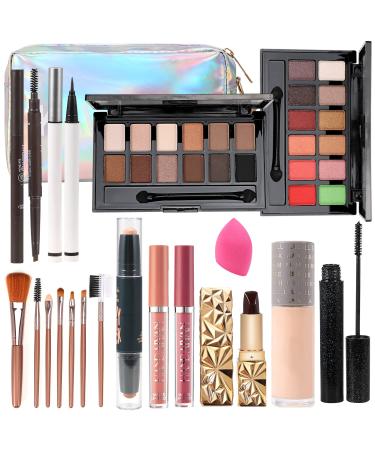 All in one makeup kit for women full kit makeup set for girls teens Eyeshadow Palette, Lip Gloss, Lipstick, Foundation, Mascara, Eyebrow Pencil, Eyeliner, Contour Stick, Powder Puff, Makeup Brushes, Cosmetic Bag Small ( 11 set)