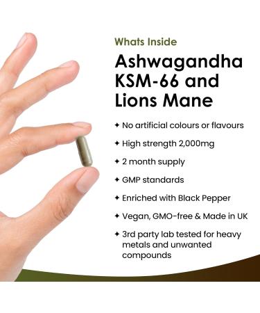 Ashwagandha KSM-66 and Lions Mane Capsules - High Strength 2000mg KSM-66 Ashwaghandha Root Extract and Lions Mane Mushroom Extract - 120 Vegan Capsules with Black Pepper - UK Made by New Leaf Ashwagandha KSM & Lions Mane - Buy Online on GoSupps.com