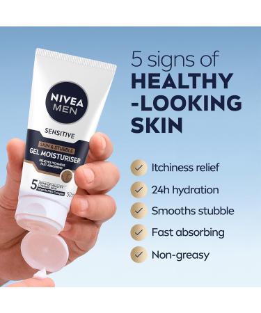 NIVEA MEN Sensitive Skin & Stubble Gel Moisturiser (50ml) Men's Face Cream for Daily Use Gel Moisturiser with Vitamin E Provitamin B5 and Chamomile Extract - Buy Online on GoSupps.com