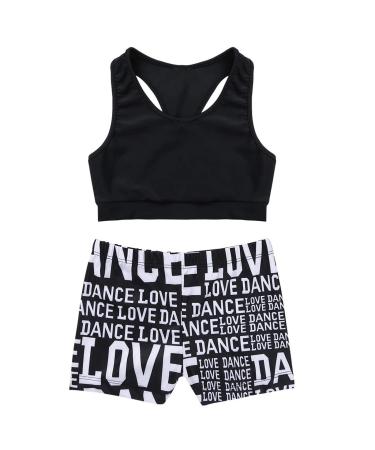 KKmeter Kids Girls 2pcs Dance Outfit Racer Back Crop Top with Shorts Clothing Sets for Sport Gymnastic Dancing Swimming Black 10-12