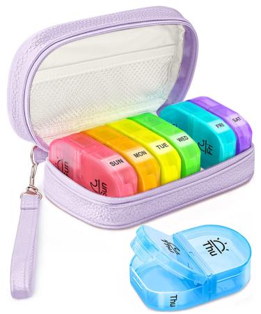 Cute Pill Organizer 2 Times a Day AMOOS PU Leather Pill Case for Women Portable Weekly Pill Box for Purse with Storage Bag to Hold Vitamins/Medications/Fish Oils/Supplements Purple 01-purple