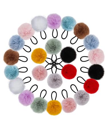 Fishdown 24 Pieces Pom Pom Ball Hair Ties for Girls Elastic Hair Bands Fluffy Fur Ball Ponytail Holders for Women Girls Kids  Toddler Baby Girl Big Hair Ties 12 Colors.